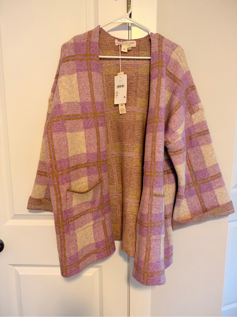 saltwater LUXE Lavender and Cream Plaid Open-Front Cardigan